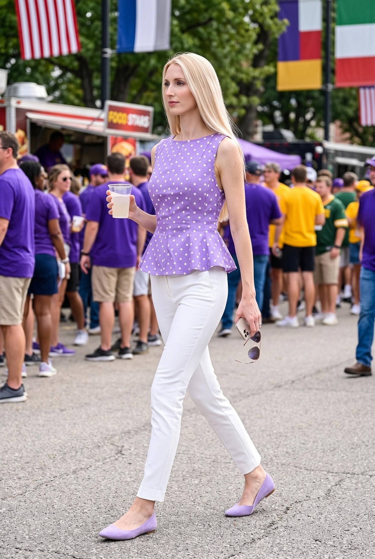 Polka Dot Stretch Denim Peplum Top