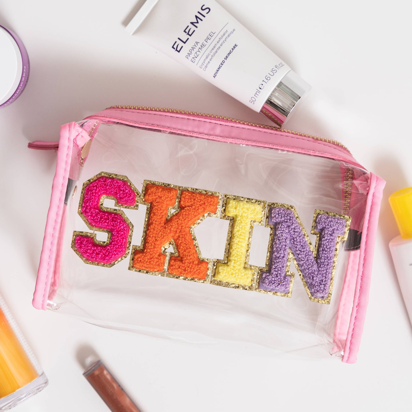 Preppy Skincare Bag, Chenille Varsity Letter Travel Pouch