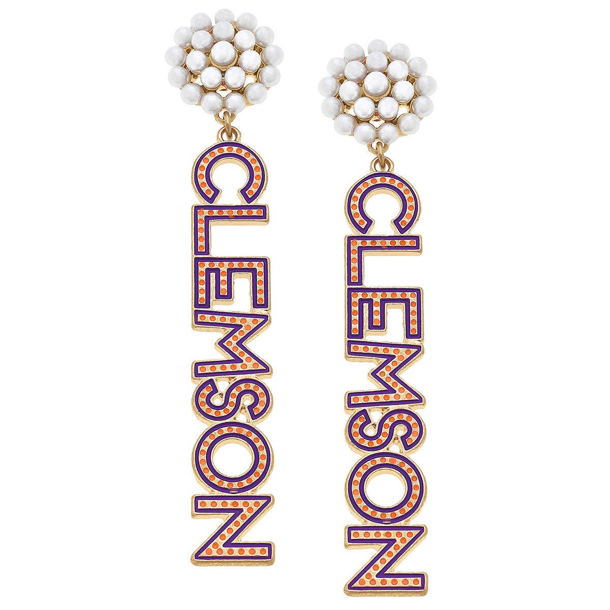 Clemson Tigers Pearl Cluster Dotted Enamel Drop Earrings