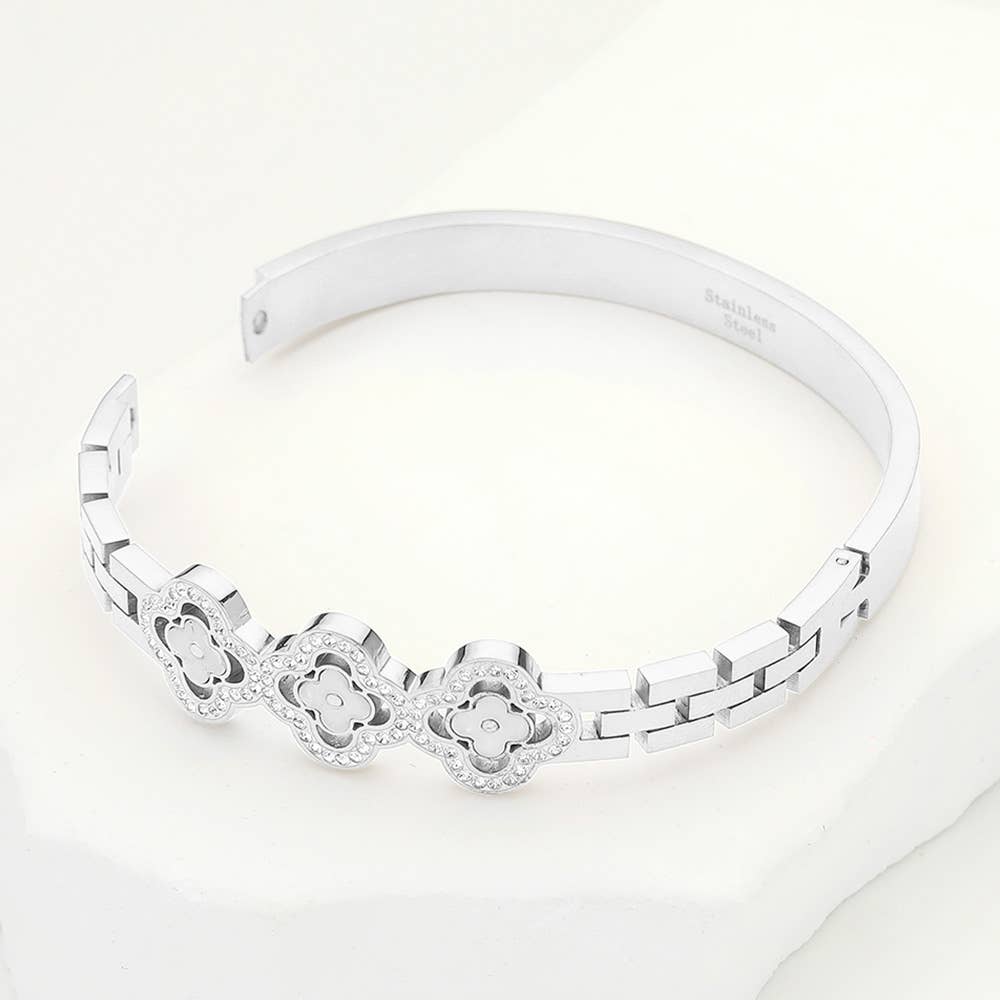 Stainless Steel Stone Paved Triple Quatrefoil Bracelet