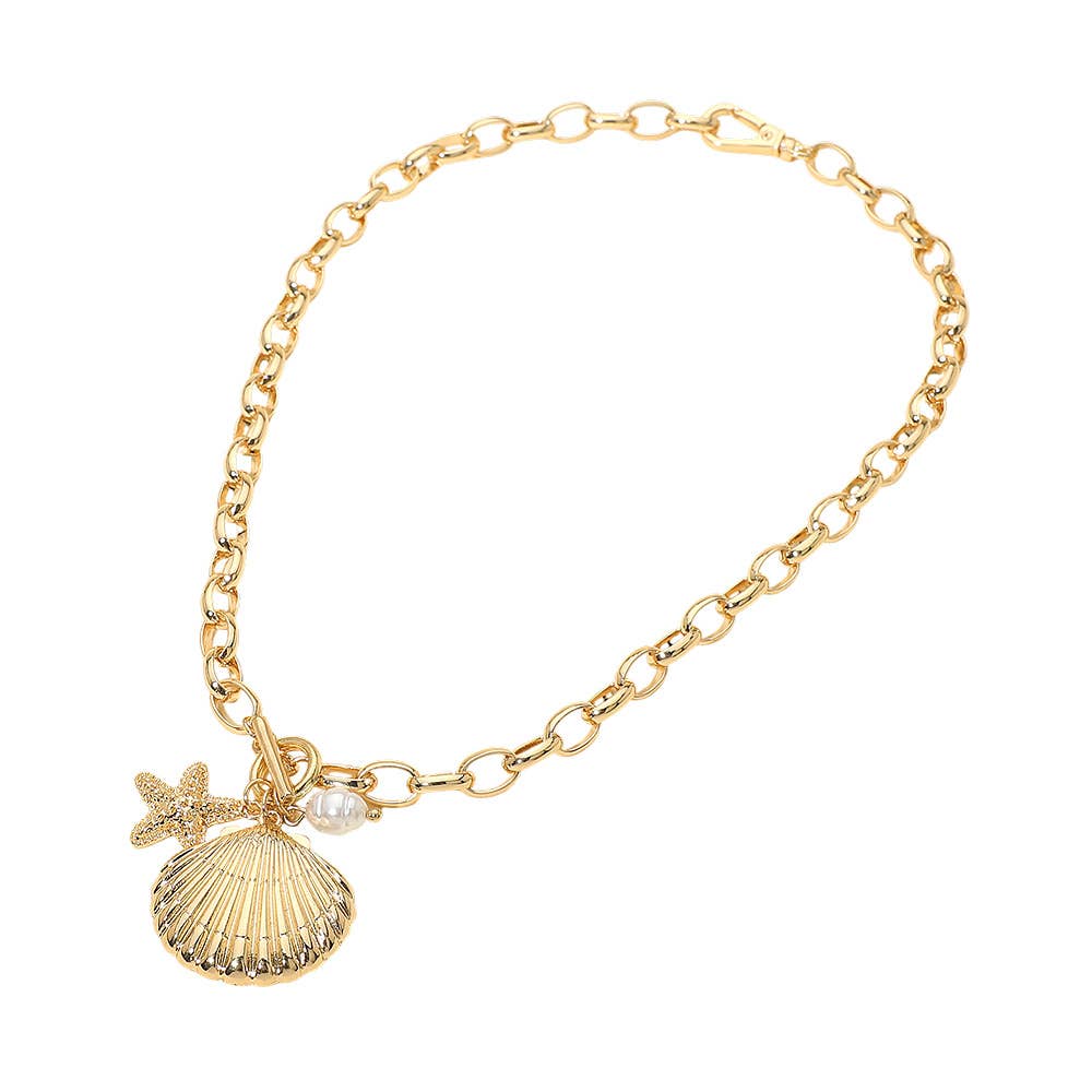 Seashell Starfish Pearl Charm Toggle Chunky Chain Necklace