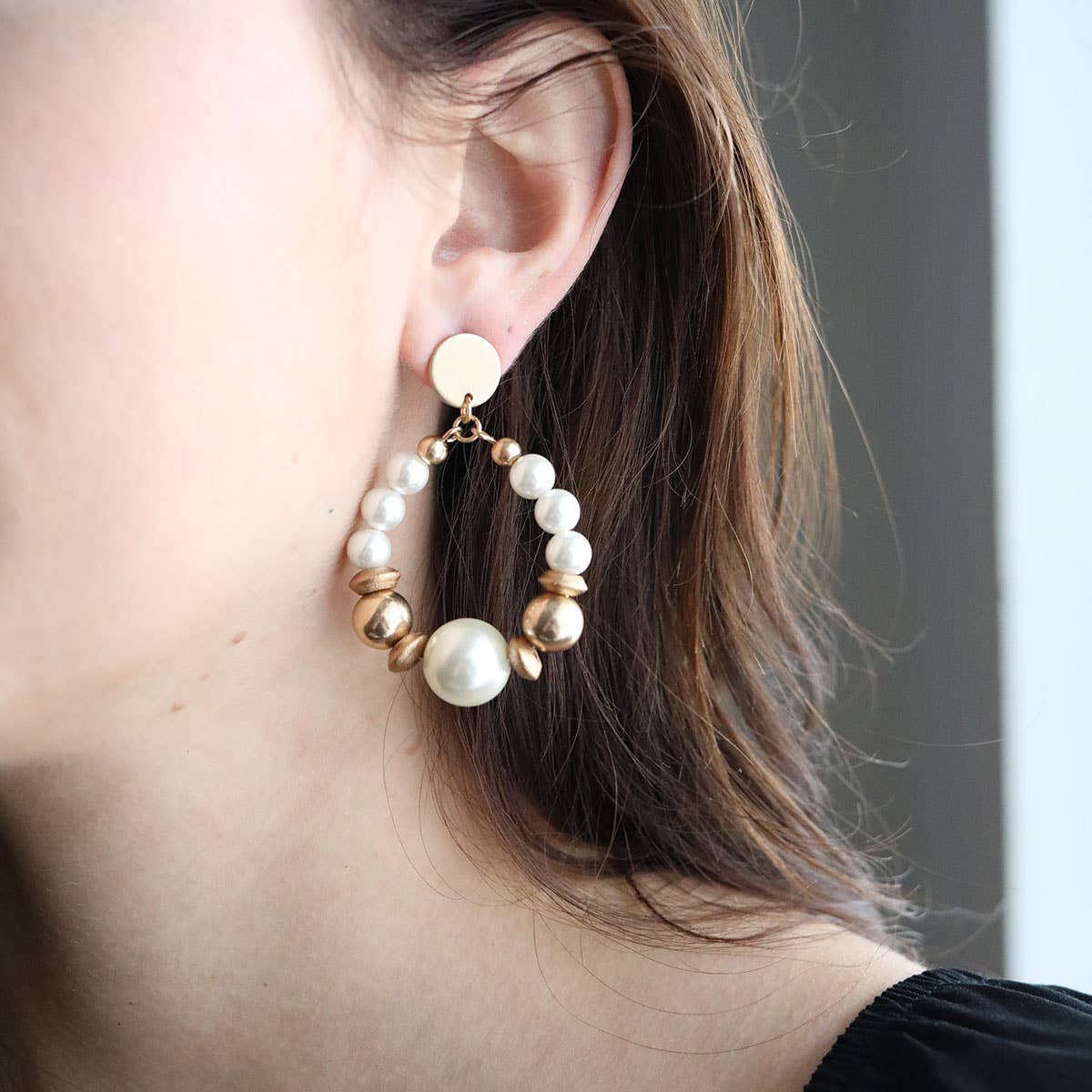 Moira Pearl, Wood & Gold Bead Teardrop Earrings in Ivory