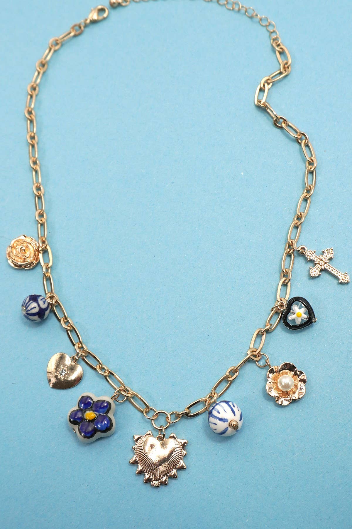 BLUE CERAMIC PORCELAIN HEART CROSS CHARM NECKLACE