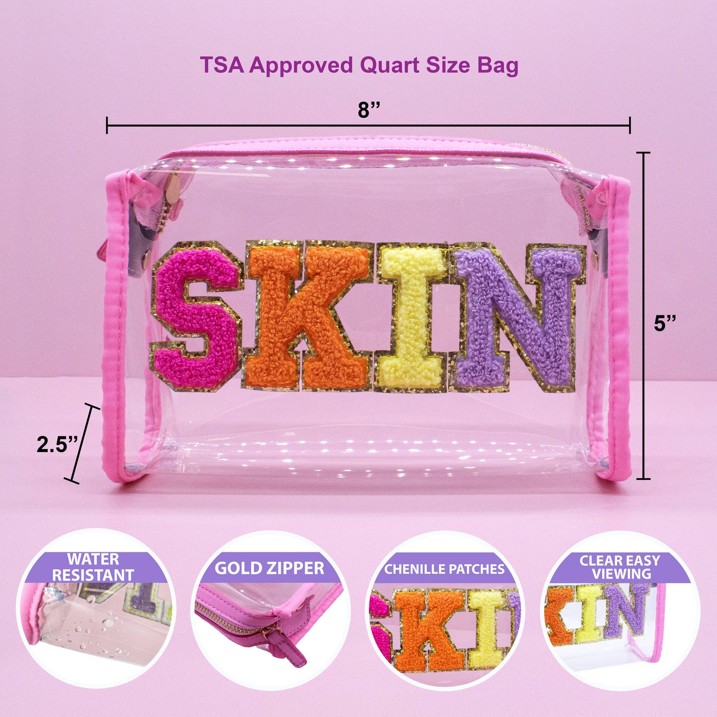 Preppy Skincare Bag, Chenille Varsity Letter Travel Pouch