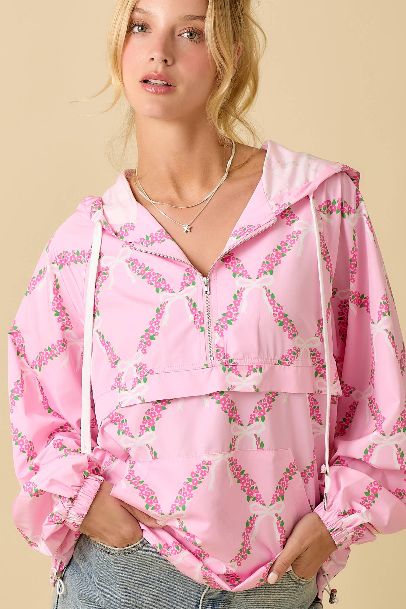 Coquette Ribbon And Floral Printed Windbreaker
