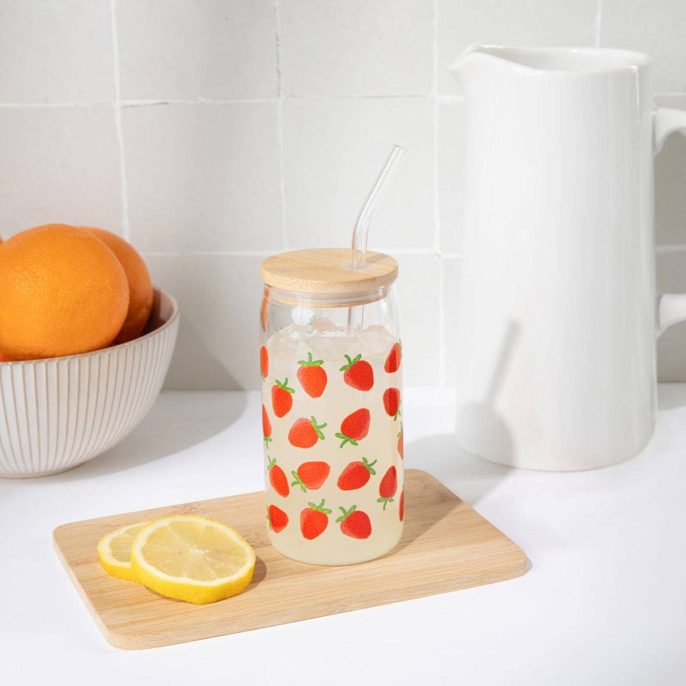Strawberry 17 oz Can Glass w/ Straw