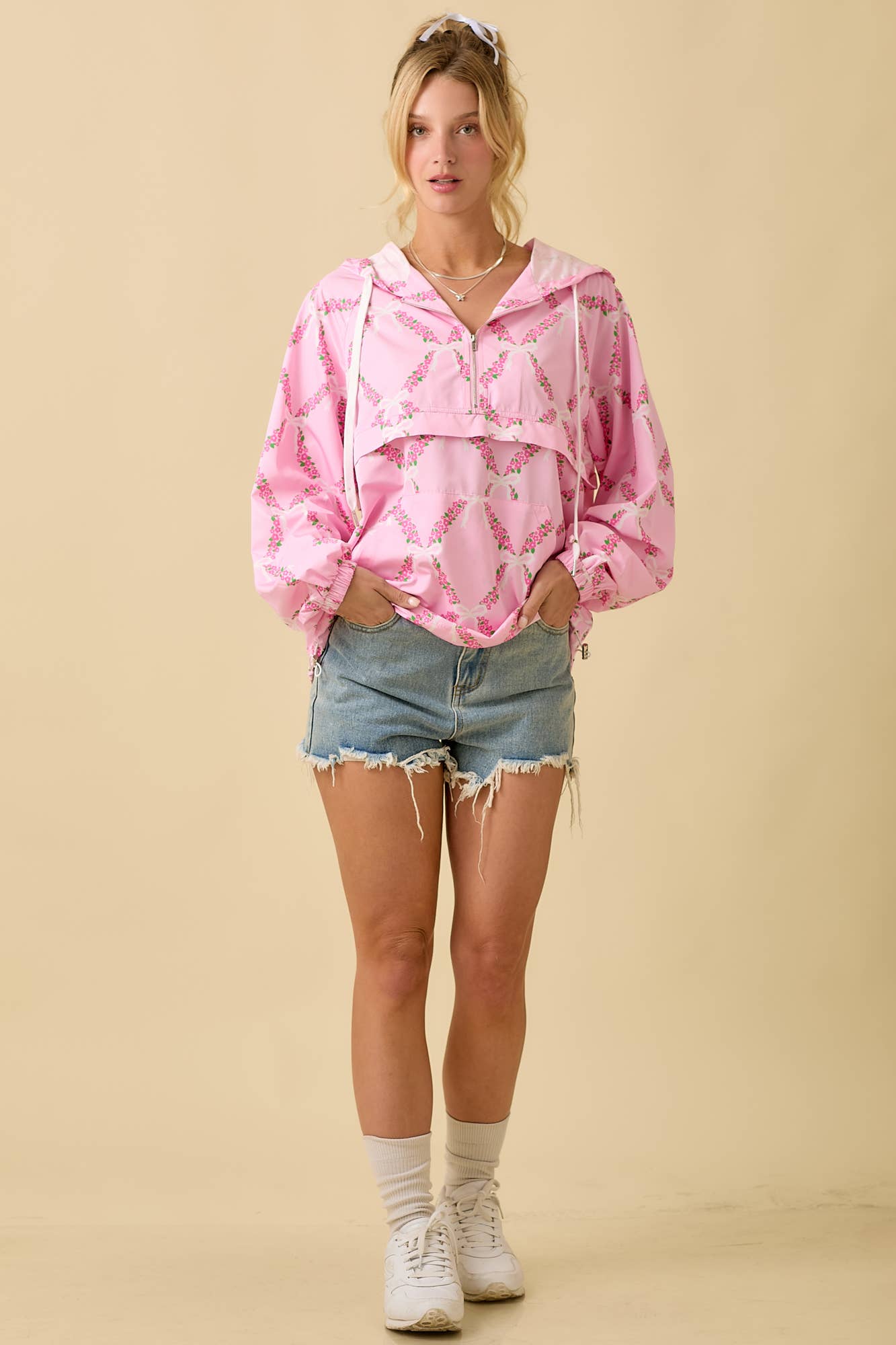 Coquette Ribbon And Floral Printed Windbreaker