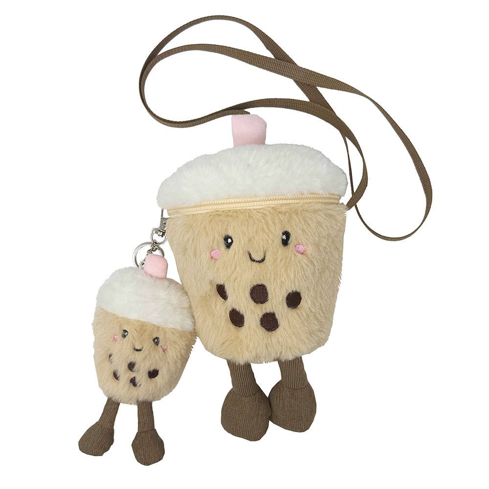Plush Boba Tea Crossbody Bag Mini Keychain Set