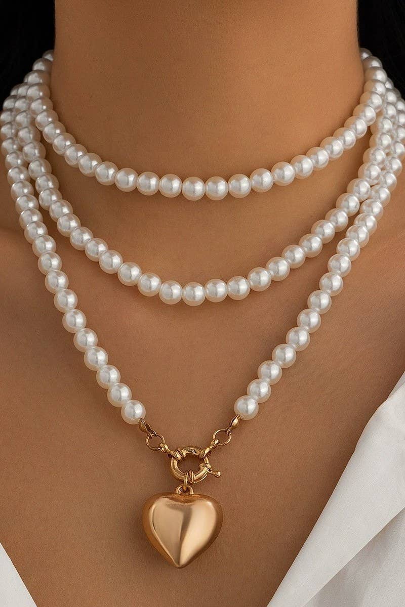 MULTI WRAP PEARL BEADED HEART CHARM NECKLACE