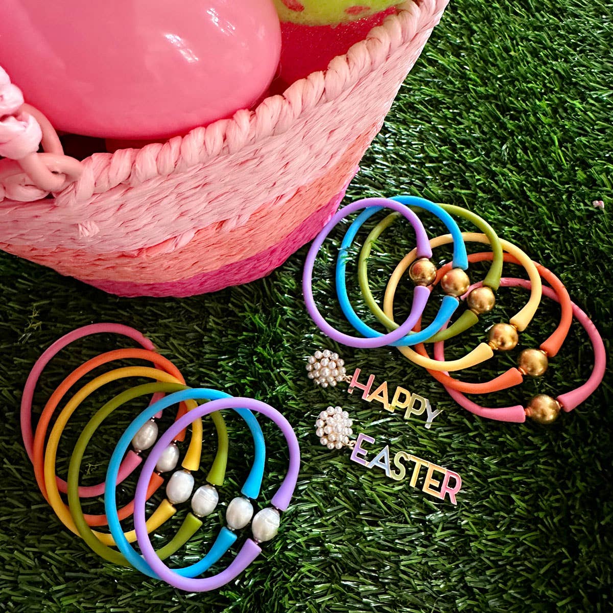 Happy Easter Pearl Cluster Enamel Earrings in Rainbow