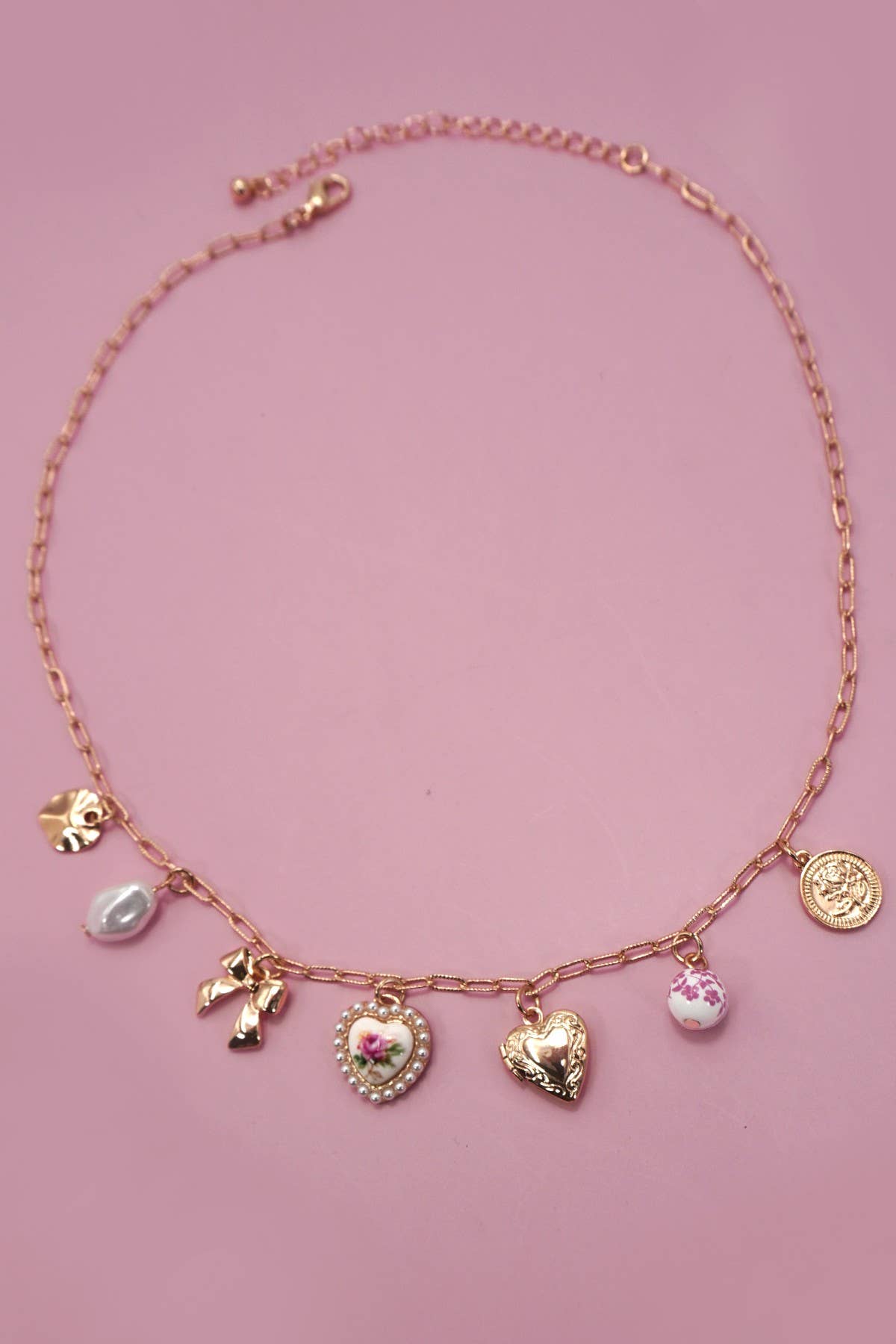 PORCELAIN BOW HEART CHARM LINK NECKLACE