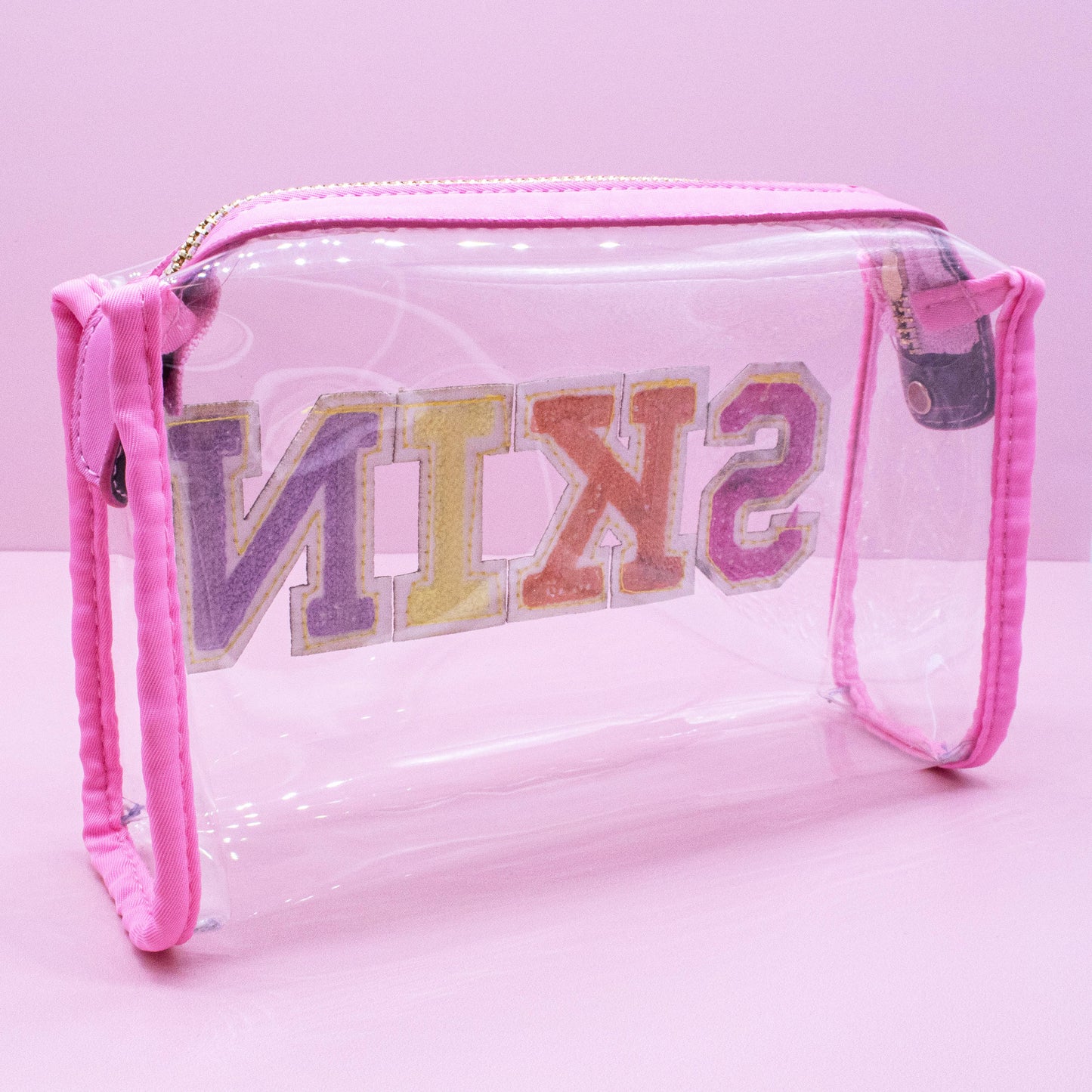 Preppy Skincare Bag, Chenille Varsity Letter Travel Pouch