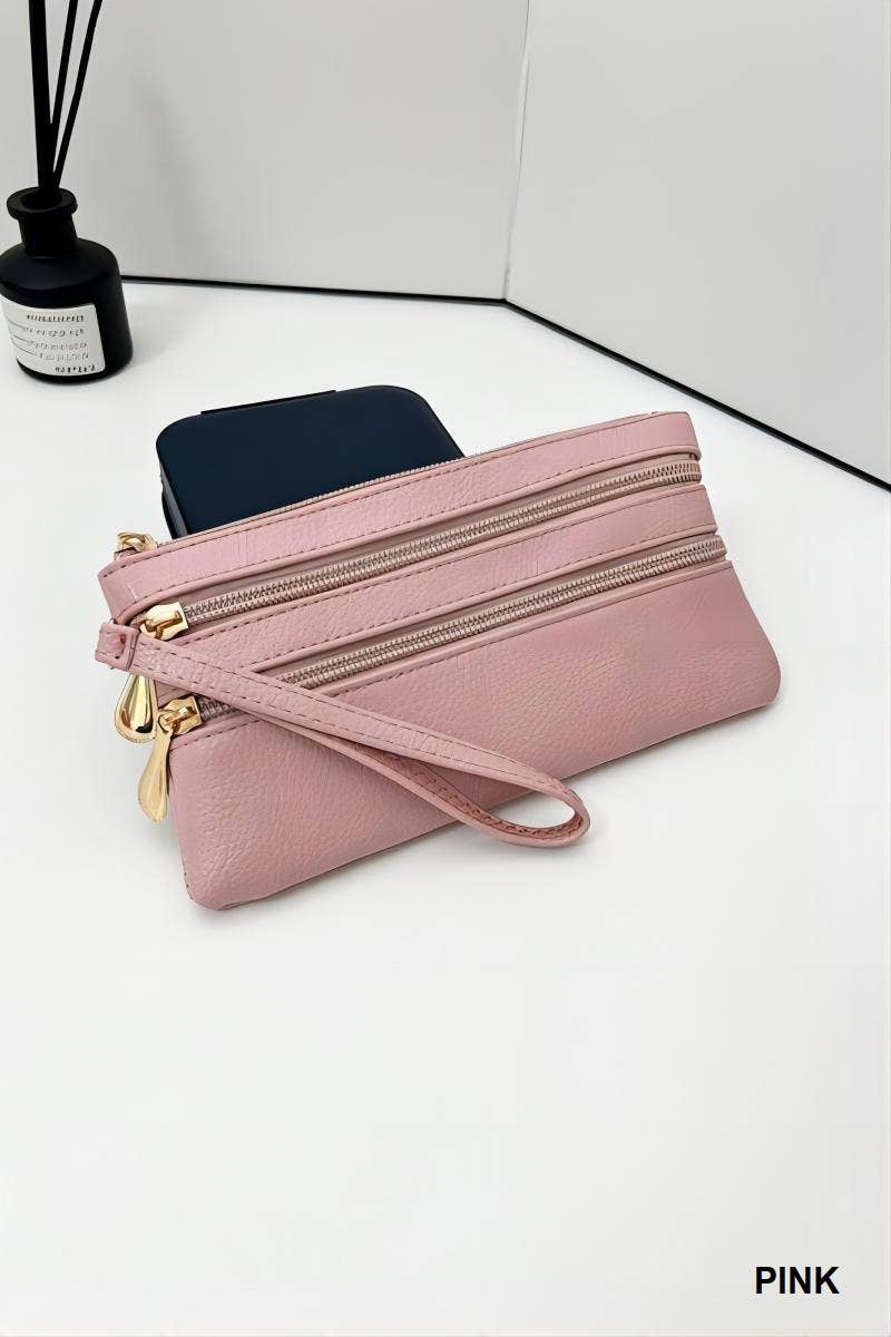 Leather Triple Zip Wrist Clutch
