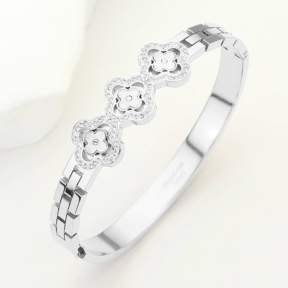 Stainless Steel Stone Paved Triple Quatrefoil Bracelet