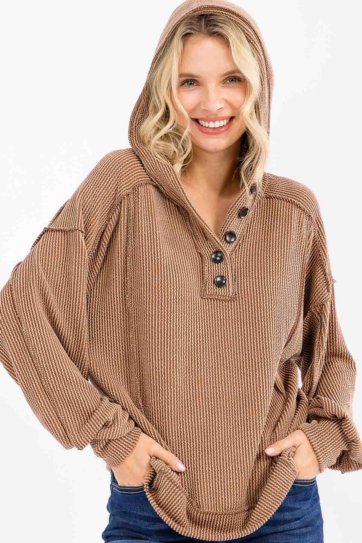 Solid Rib Button Front Hooded Top