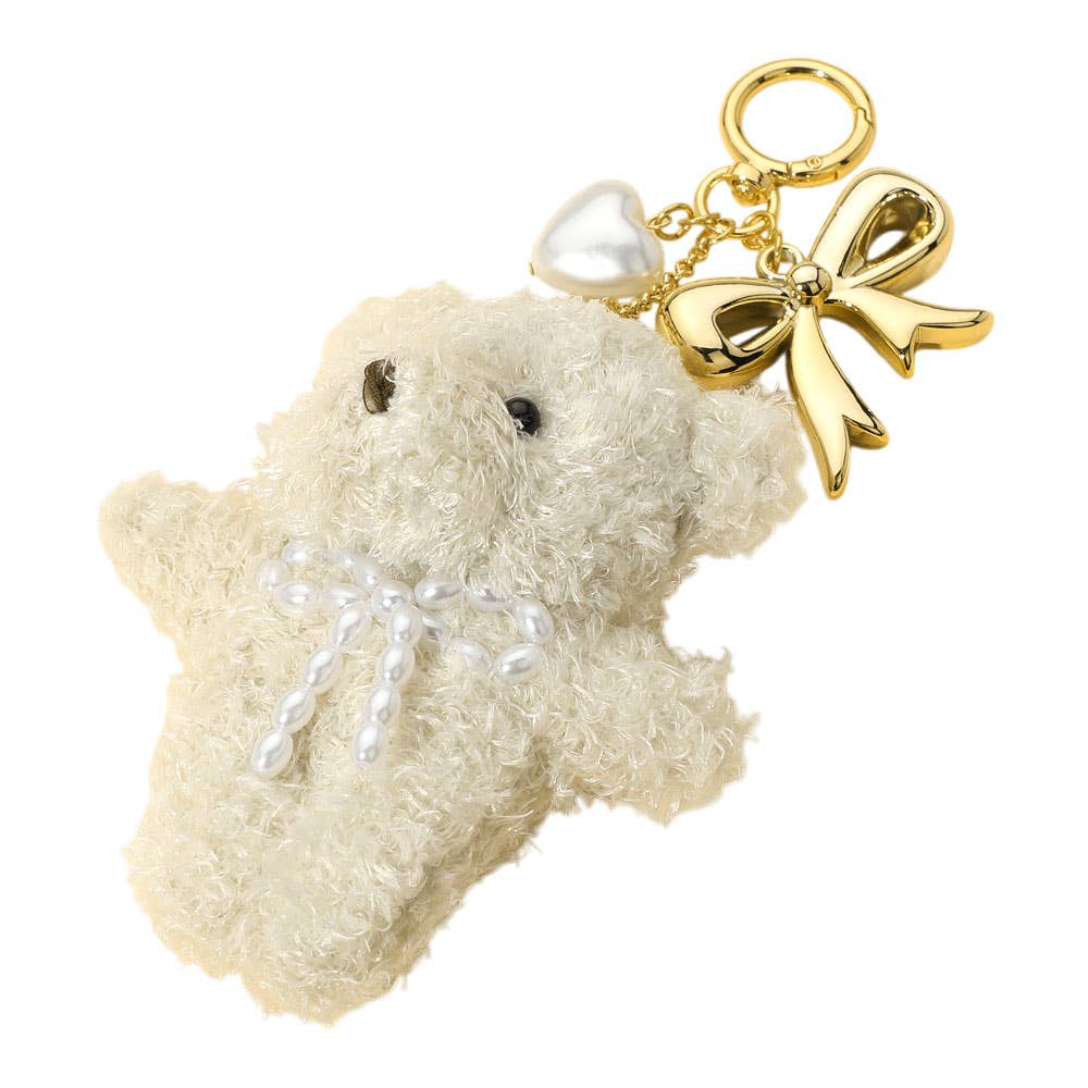Pearl Heart Bow Charm Teddy Bear Plush Doll Keychain / Bag Charm