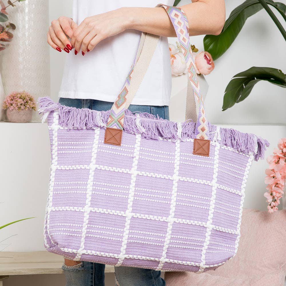 Top Fringe Pointed Check Patterned Tote Bag