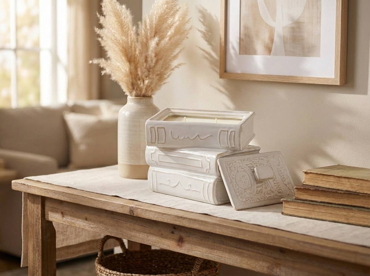 6.25" Ceramic Stacked Books Candle – Fresh Air (19 oz)