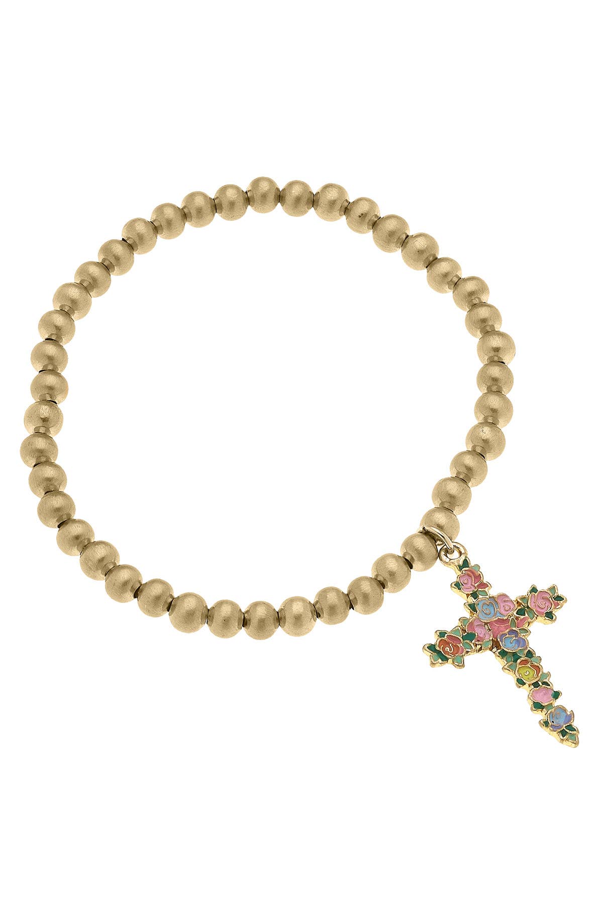Blossomed Cross Ball Bead Stretch Bracelet in Satin Gold