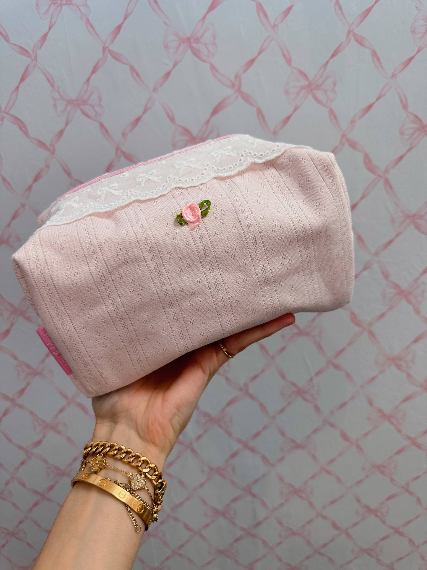 Light Baby Pink Lace trimming Makeup Bag