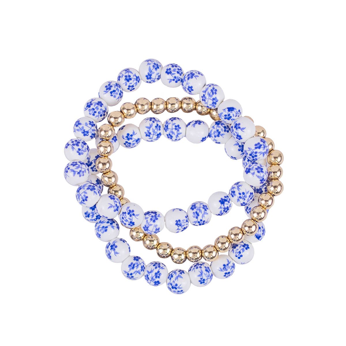 Floral Bead Bracelet Stack Blue/White/Gold 7"