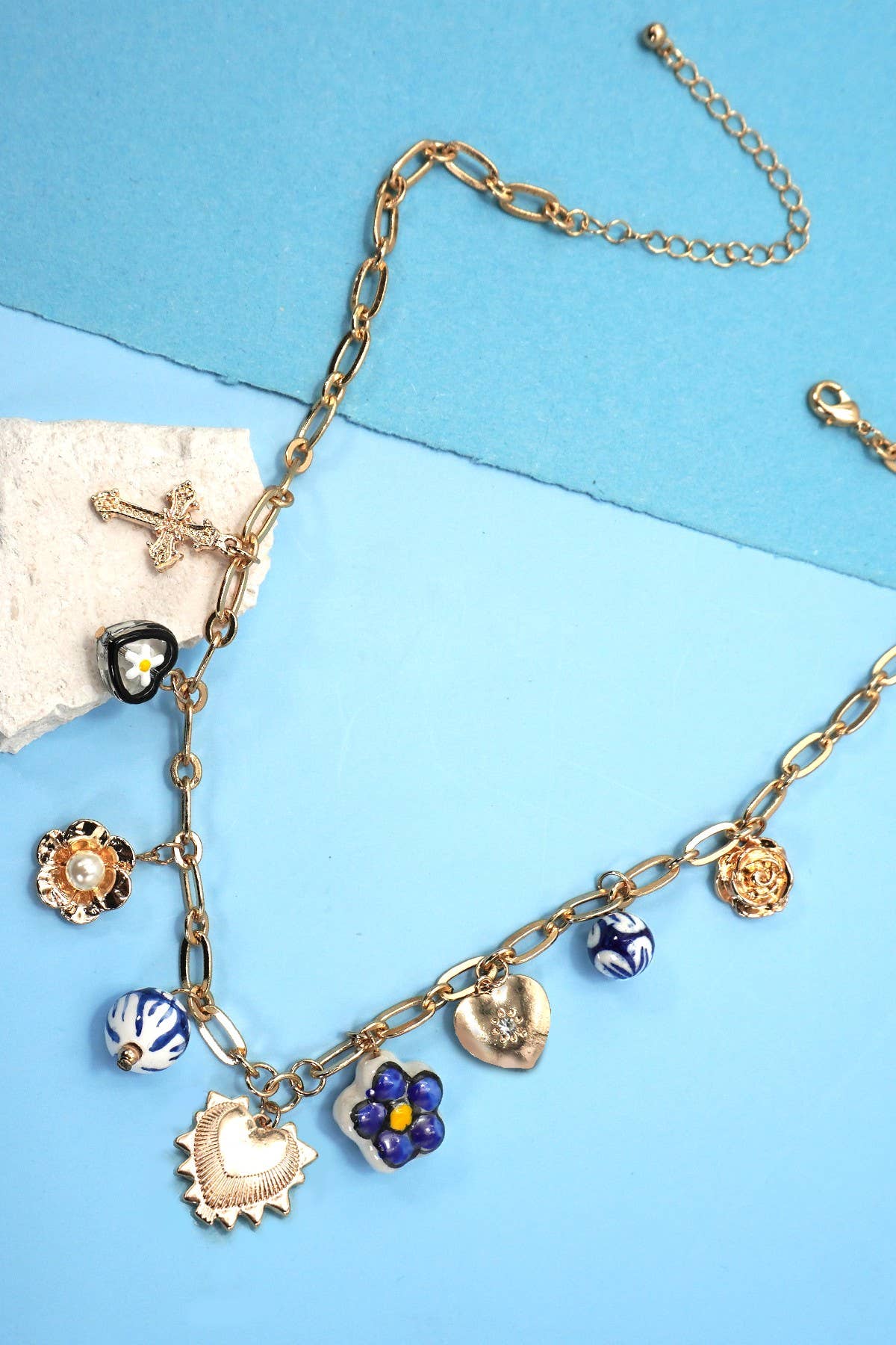 BLUE CERAMIC PORCELAIN HEART CROSS CHARM NECKLACE