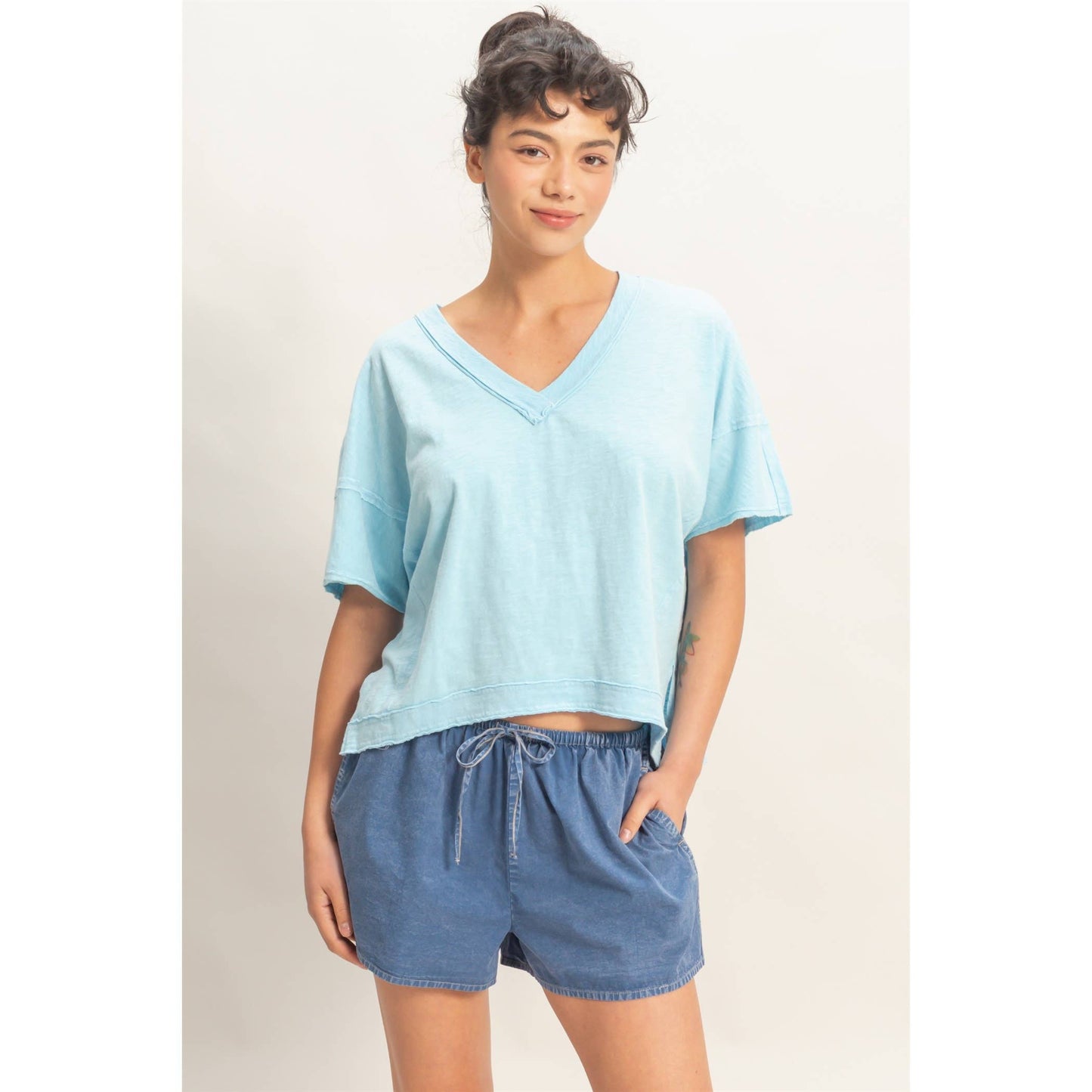 Blue Oversized V-Neck Top