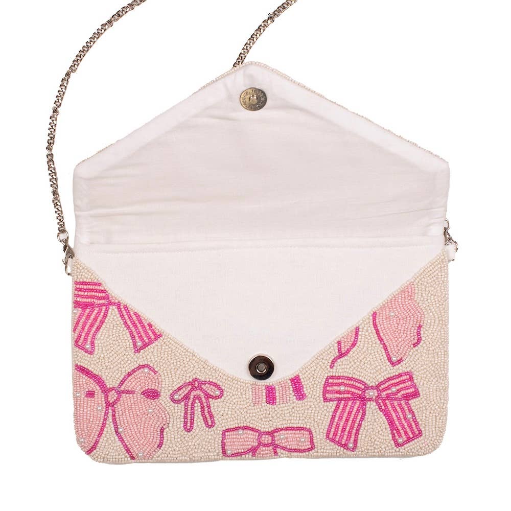 Pearl Bow Beaded Clutch Pink/Pearl 10x6