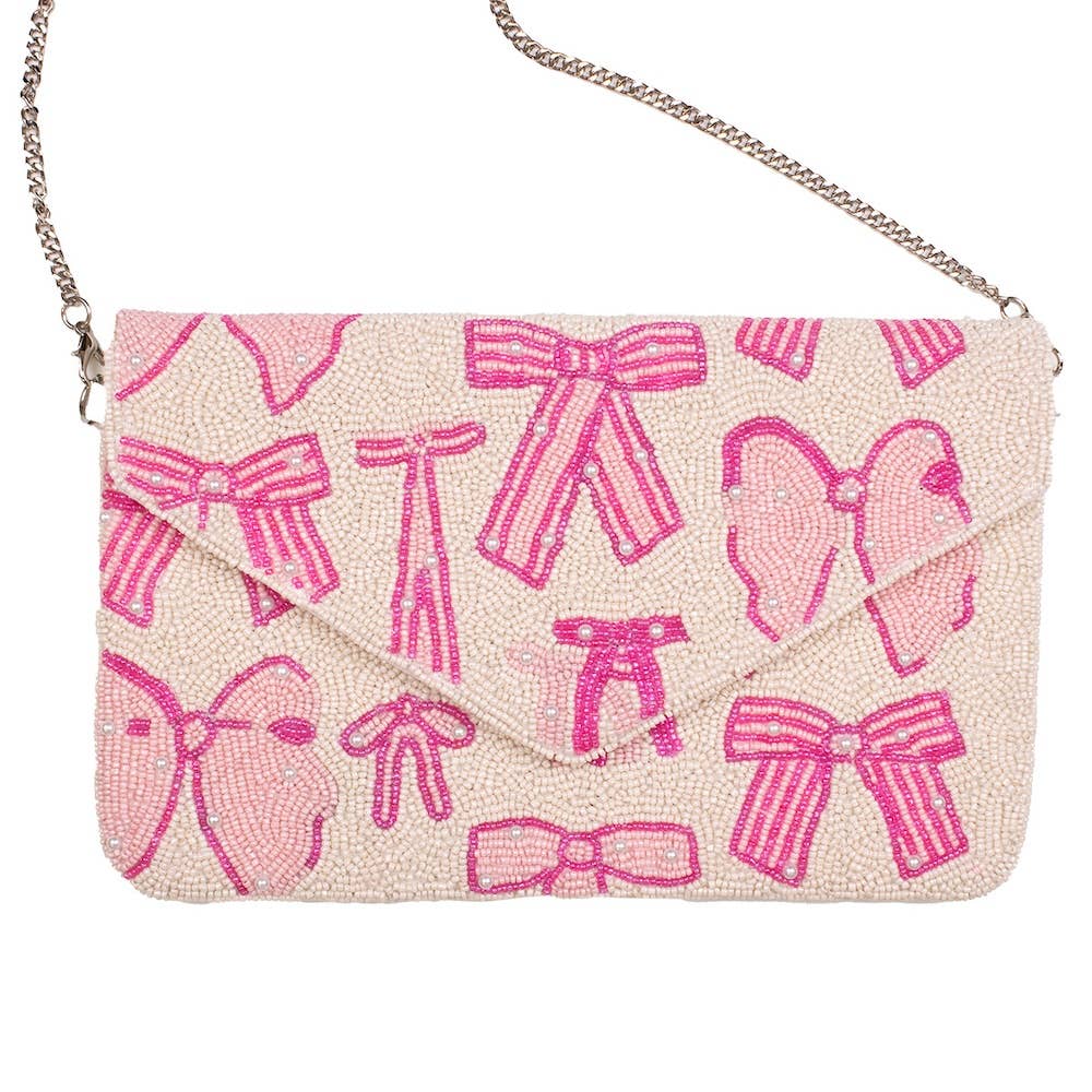Pearl Bow Beaded Clutch Pink/Pearl 10x6