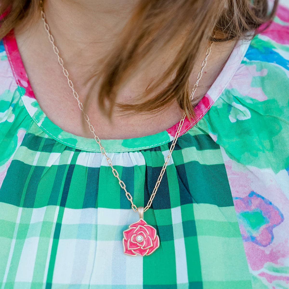 Isabella Enamel Rose Pendant Necklace in Worn Gold