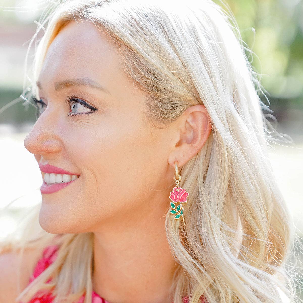 Gianna Rose Flower Enamel Drop Hoop Earrings in Worn Gold