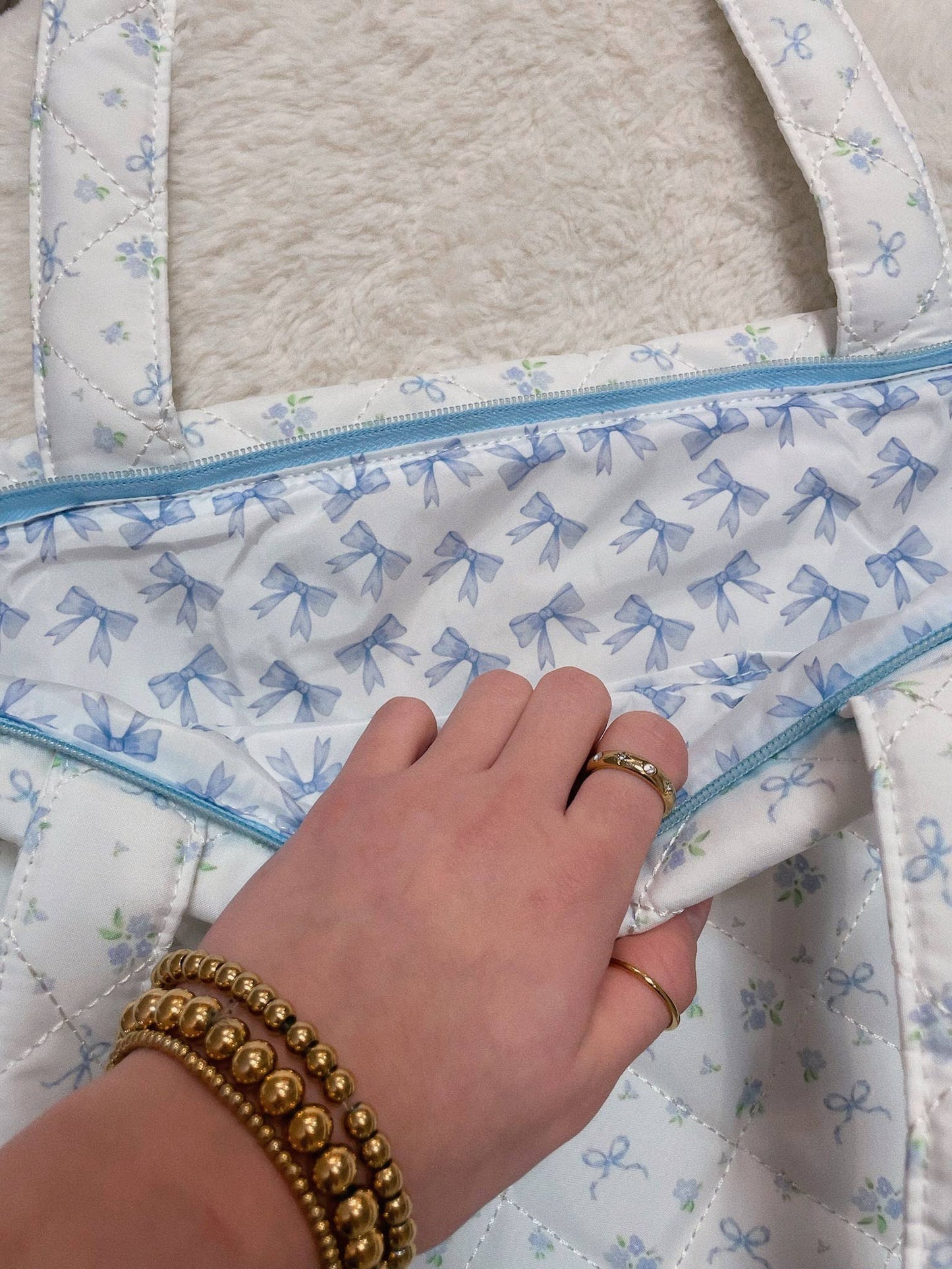 Large Blue Flower Print Bow Bag