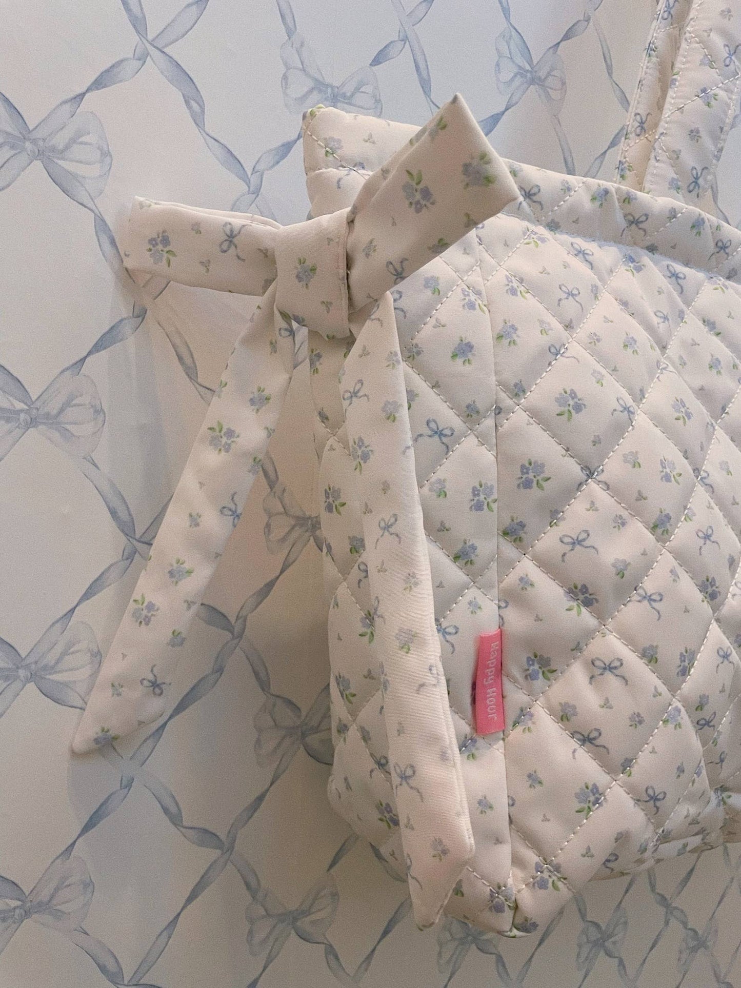 Large Blue Flower Print Bow Bag