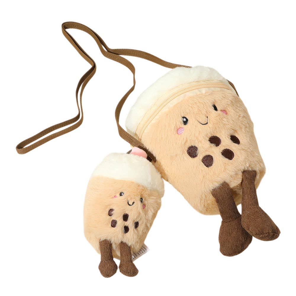 Plush Boba Tea Crossbody Bag Mini Keychain Set
