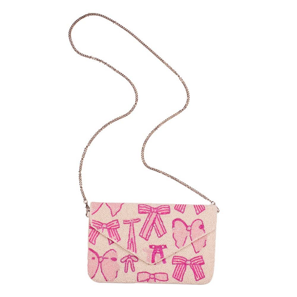 Pearl Bow Beaded Clutch Pink/Pearl 10x6