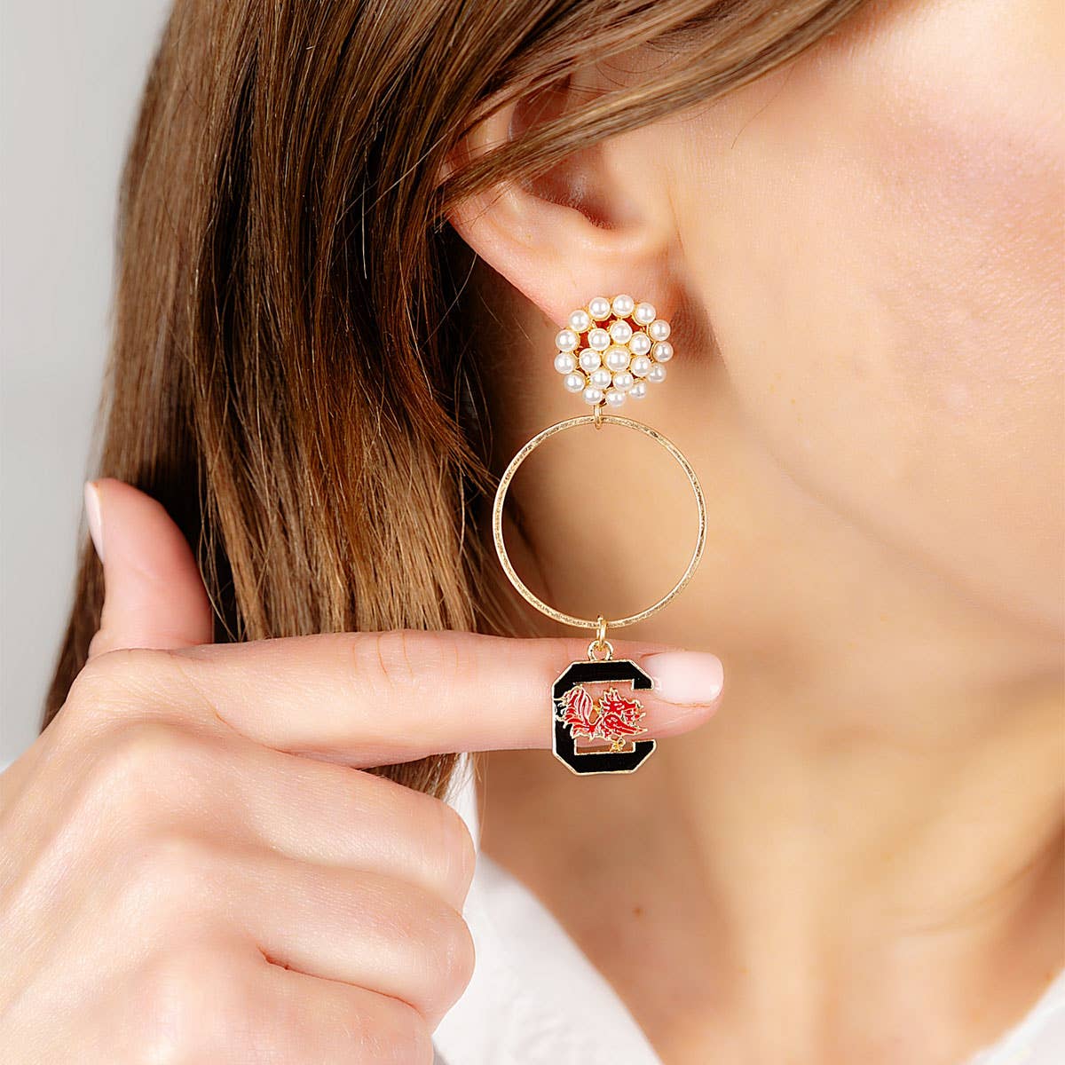 South Carolina Gamecocks Pearl Cluster Enamel Hoop Earrings