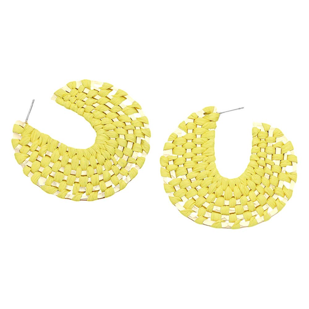 Raffia Weaved Flat Metal Hoop Earrings Yellow