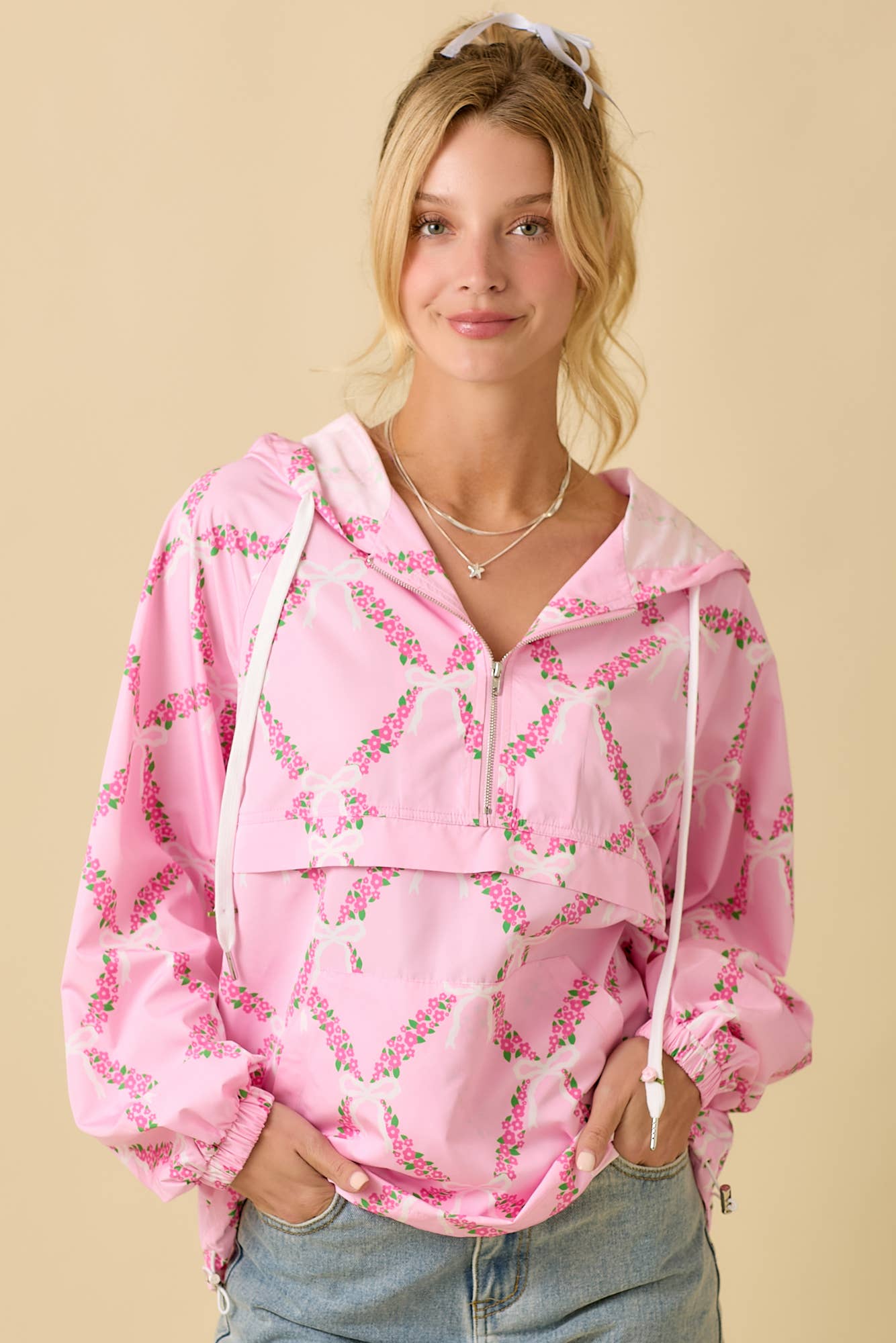 Coquette Ribbon And Floral Printed Windbreaker
