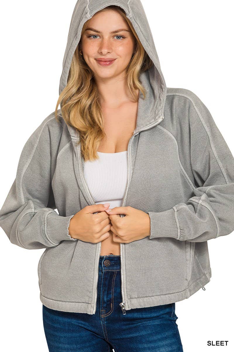 Fleece Pigment Dye Zip Up Hoodie W Pockets