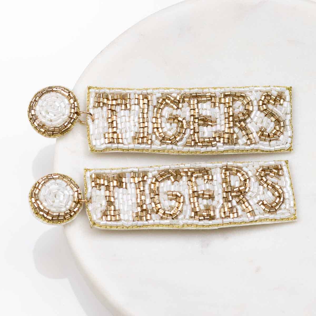 Tigers Beaded Earrings White/Gold 3"