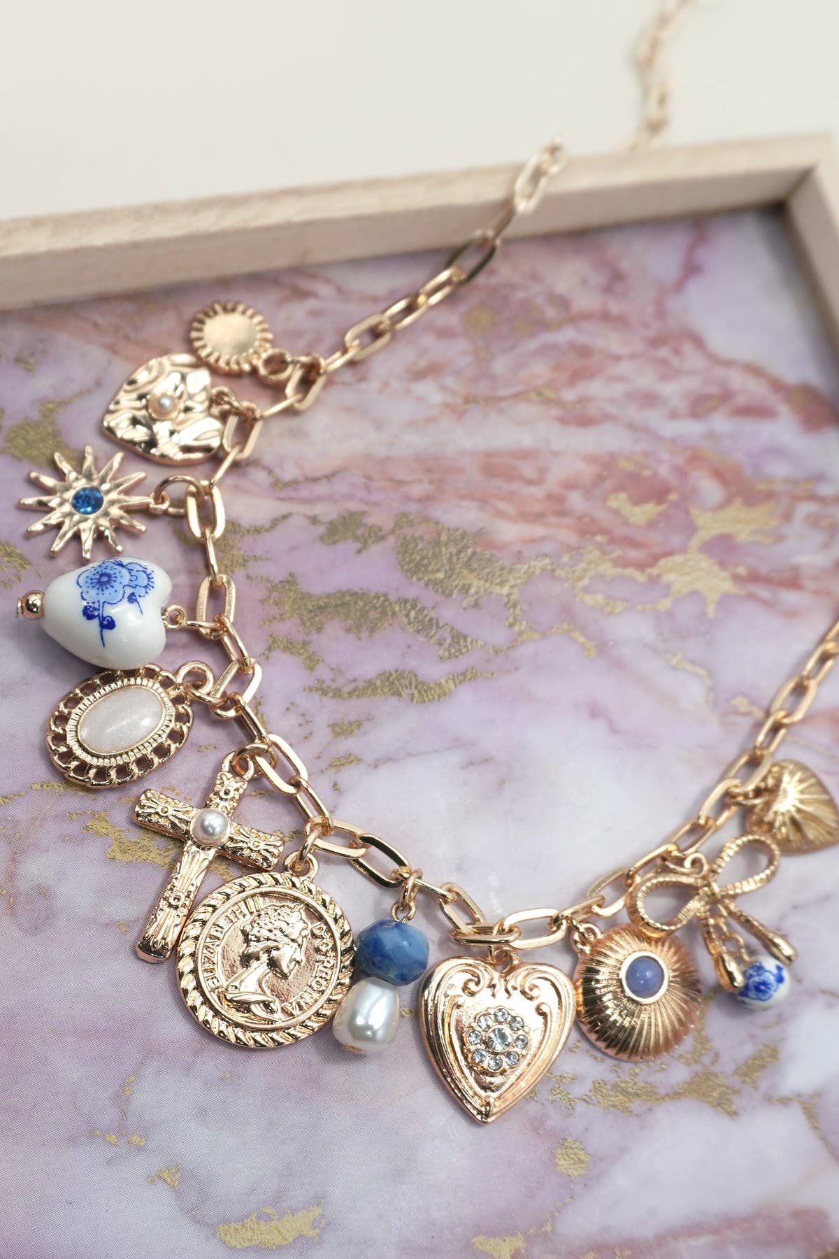 CHARM NECKLACE-PORCELAIN HEARTS CROSS NECKLACE