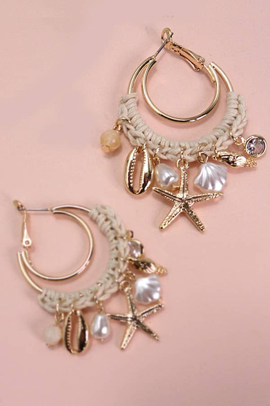 CROCHET SEASHELL  PUKA PEARL CHARM DROP EARRINGS