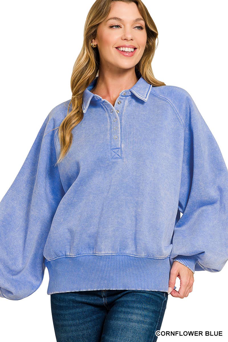 Acid Wash Fleece Button Up Collared Pullover