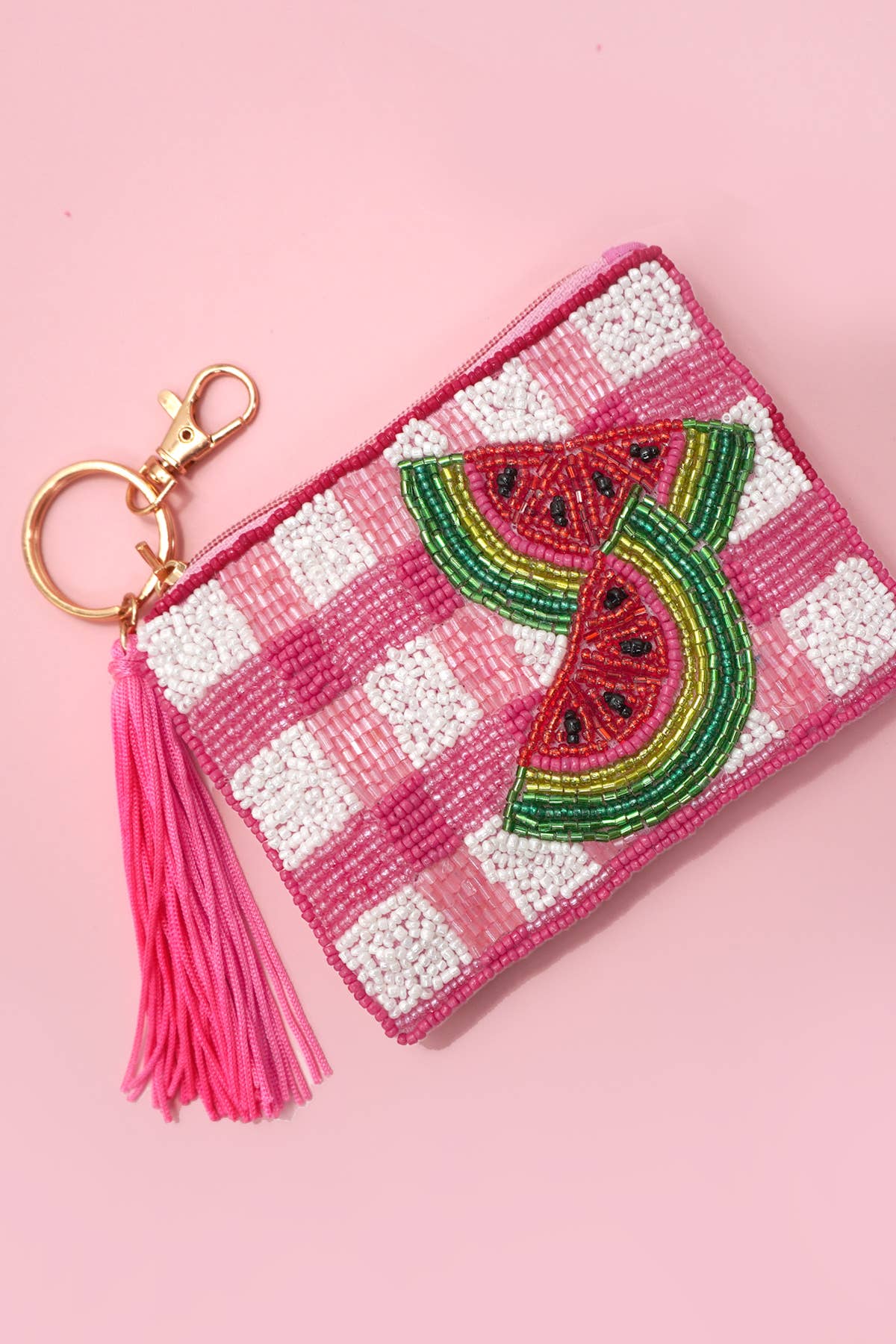 CHECKER FRUIT SEED BEAD COIN TASSEL PURSE