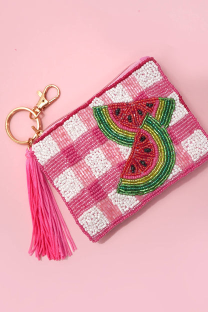 CHECKER FRUIT SEED BEAD COIN TASSEL PURSE
