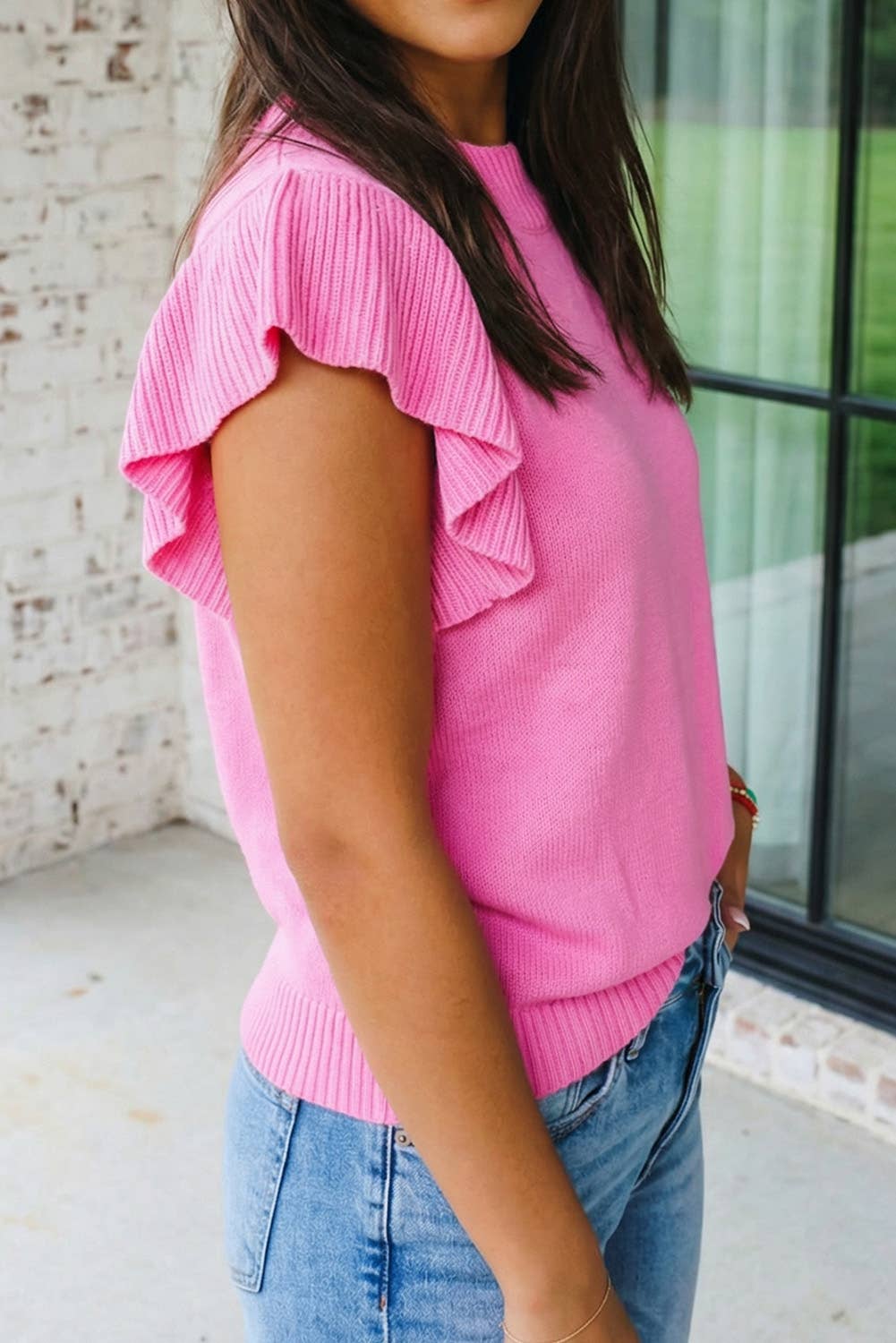 Ribbed Trim Ruffle Short Sleeve