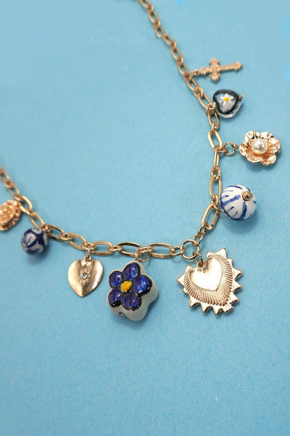 BLUE CERAMIC PORCELAIN HEART CROSS CHARM NECKLACE