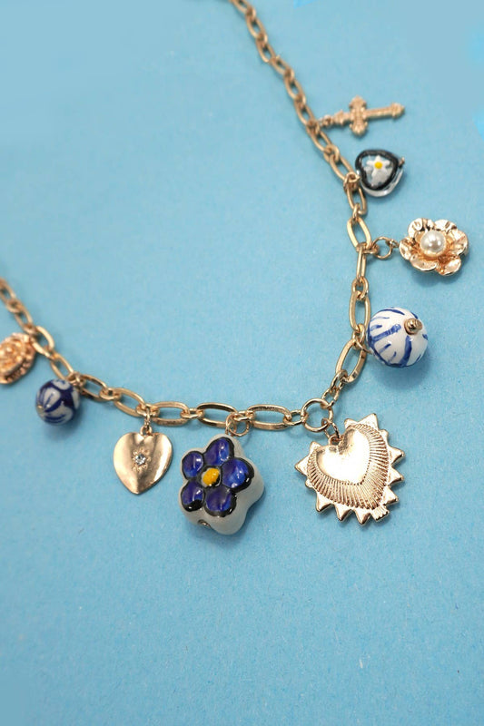 BLUE CERAMIC PORCELAIN HEART CROSS CHARM NECKLACE