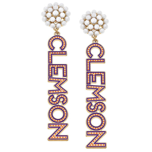 Clemson Tigers Pearl Cluster Dotted Enamel Drop Earrings