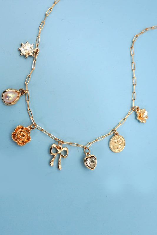 BOW HEART FLOWER CHARM LINK CHAIN NECKLACE